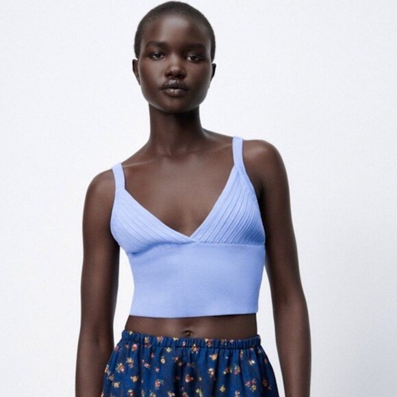 Zara - Knit Cropped Blue Tank Top - Picture 1 of 4
